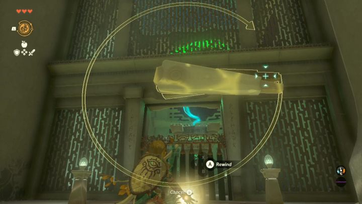 Poczekajcie aż obydwie wskazówki zegara będą w tym samym miejscu i aktywujcie Recall - Zelda Tears of the Kingdom: Nachoyah Shrine - Zelda Tears of the Kingdom - poradnik do gry