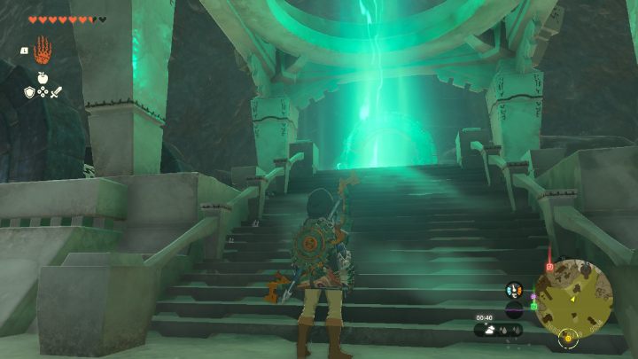 Podpłyńcie do schodów na środku pomieszczenia i wejdźcie w interakcję z ołtarzem - Zelda TotK: Sidon of the Zora - opis przejścia - Zelda Tears of the Kingdom - poradnik do gry