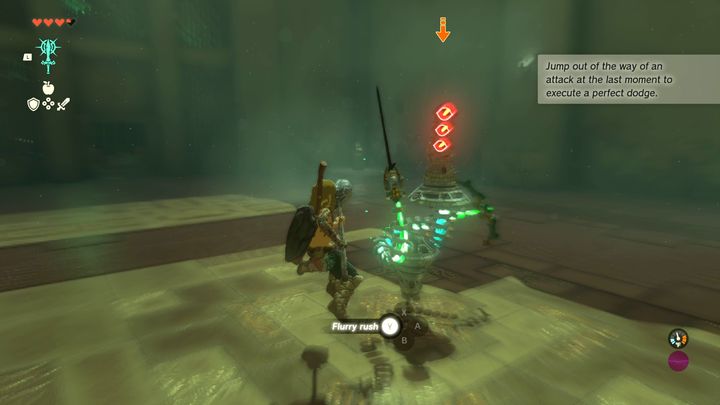 Podejdźcie do robota, następnie zablokujcie kamerę i spróbujcie wykonać unik w bok w momencie, gdy podniesiony miecz przeciwnika zacznie opadać w dół - Zelda Tears of the Kingdom: Kyononis Shrine - Zelda Tears of the Kingdom - poradnik do gry