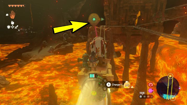 Skorzystajcie z wózka górniczego i jadąc torami, uderzcie w mechanizm zwrotnicy torowej - Zelda TotK: Yunobo of Goron City - opis przejścia - Zelda Tears of the Kingdom - poradnik do gry