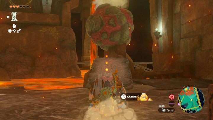 Zniszczcie czerwony głaz atakiem Yunobo, a następnie przesuńcie kamienną platformę tak, aby wycelować ją w stronę gongu - Zelda TotK: Yunobo of Goron City - opis przejścia - Zelda Tears of the Kingdom - poradnik do gry