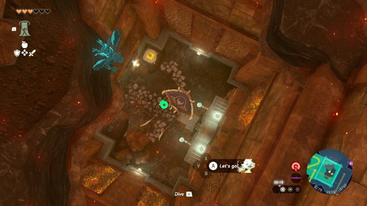 Stańcie przy urwanym moście i atakiem Yunobo zniszczcie czerwony głaz zasłaniający wejście - Zelda TotK: Yunobo of Goron City - opis przejścia - Zelda Tears of the Kingdom - poradnik do gry