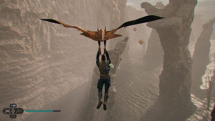 Złapcie się latającego stworzenia i lećcie przed siebie tak długo, aż dotrzecie do balonów, ale trzymajcie się lewej strony (te po prawej są póki co zbyt wysoko) - Jedi Survivor: Grząskie Bagno - lista sekretów - Star Wars Jedi Survivor - poradnik do gry