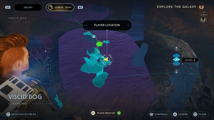 Opuście tunel i będąc na zewnątrz skorzystajcie z linki z hakiem, aby dostać się na górę - nad ostatnią znajdźką - Jedi Survivor: Grząskie Bagno - lista sekretów - Star Wars Jedi Survivor - poradnik do gry