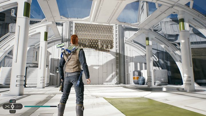 Po skorzystaniu z włazu znajdziecie się na górze, blisko ściany pokrytej w połowie kratką do wspinania - Jedi Survivor: Pokład Widokowy - lista sekretów - Star Wars Jedi Survivor - poradnik do gry