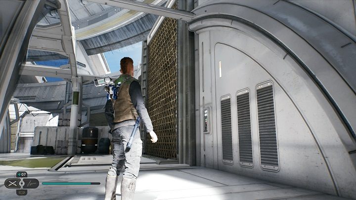 Po tym jak bezpiecznie wylądujecie, skorzystajcie od razu z kratki do wspinaczki, znajdującej się obok - Jedi Survivor: Korytarz Diagnostyczny - lista sekretów - Star Wars Jedi Survivor - poradnik do gry