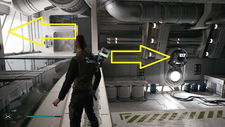 Następnie skorzystajcie z przejścia na wprost i wskoczcie na górę - stamtąd po odwróceniu się będziecie mogli zobaczyć urządzenie wydające balony - Jedi Survivor: Korytarz Diagnostyczny - lista sekretów - Star Wars Jedi Survivor - poradnik do gry