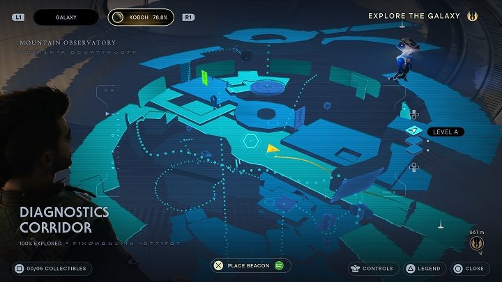 Zaczynając od punktu medytacji udajcie się przed siebie do okrągłego pomieszczenia, w którym za pomocą bezpiecznika można zmieniać położenie otwartego przejścia - Jedi Survivor: Korytarz Diagnostyczny - lista sekretów - Star Wars Jedi Survivor - poradnik do gry