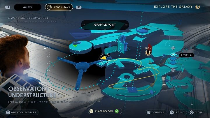 Wróćcie się i kierujcie się w drugą stronę - tam będziecie musieli wykonać serię zręcznościowych wyzwań, aby móc dostać się dalej - Jedi Survivor: Podnóże Obserwatorium - lista sekretów - Star Wars Jedi Survivor - poradnik do gry