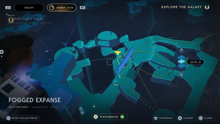 Następnie skierujcie się w stronę punktu medytacji zeskakując na półkę niżej, ale zamiast iść do niego, pójdźcie do tyłu - Jedi Survivor: Mglisty przestwór - lista sekretów - Star Wars Jedi Survivor - poradnik do gry