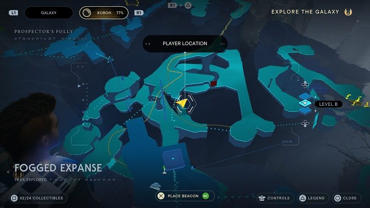 Wróćcie się na metalową konstrukcję i stańcie na kawałku mostu podniesionego do góry - stamtąd będziecie mogli dostrzec esencję na nieco oddalonej platformie - Jedi Survivor: Mglisty przestwór - lista sekretów - Star Wars Jedi Survivor - poradnik do gry