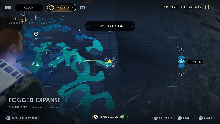 Idźcie przed siebie (pokonując po drodze kilku przeciwników), aż dotrzecie do półki skalnej, na którą dostać się możecie dzięki lince z hakiem - Jedi Survivor: Mglisty przestwór - lista sekretów - Star Wars Jedi Survivor - poradnik do gry