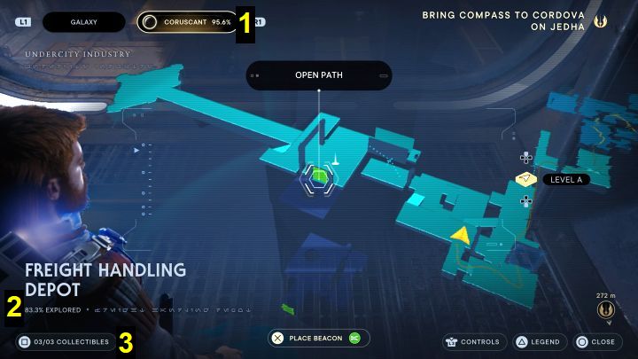 Za każdym razem gdy wywołacie mapę holograficzną możecie z niej odczytać kilka ważnych informacji - Star Wars Jedi Survivor: Jak zaliczyć planetę w 100%? - Star Wars Jedi Survivor - poradnik do gry