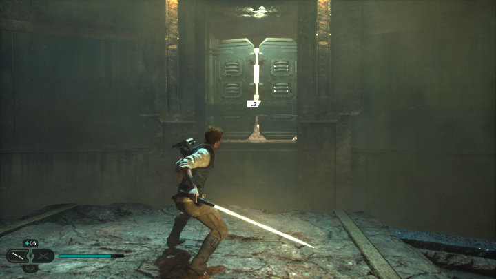 Gdy zjedziecie po ścianie na samo dno pomieszczenia, otwórzcie mocą drzwi, wyskoczcie w ich stronę i dajcie się porwać przez wiatr, aby aktywować przerywnik filmowy - Star Wars Jedi Survivor: Dotrzyj do Sanktuarium Pielgrzyma (Reach Pilgrims Sanctuary) - Star Wars Jedi Survivor - poradnik do gry