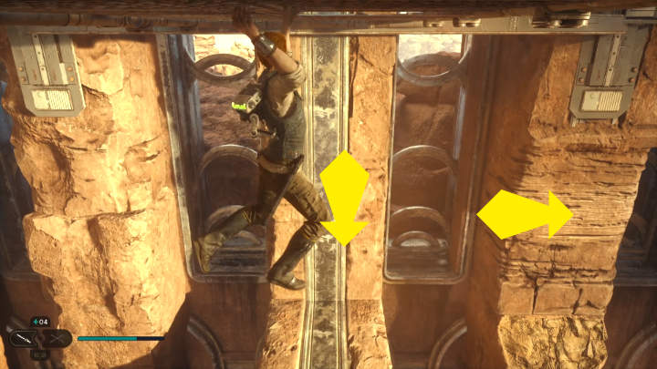 W miejscu, w którym stoczycie pojedynek z przeciwnikiem DT Sentry Droid, wespnijcie się po kamiennych filarach na podwieszoną kratkę - Star Wars Jedi Survivor: Dotrzyj do Sanktuarium Pielgrzyma (Reach Pilgrims Sanctuary) - Star Wars Jedi Survivor - poradnik do gry