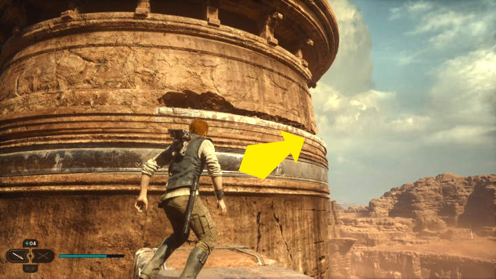 Gdy wyjdziecie na zewnątrz, dalsza ścieżka prowadzi w kierunku wskazanym na powyższym obrazku - Star Wars Jedi Survivor: Dotrzyj do Sanktuarium Pielgrzyma (Reach Pilgrims Sanctuary) - Star Wars Jedi Survivor - poradnik do gry