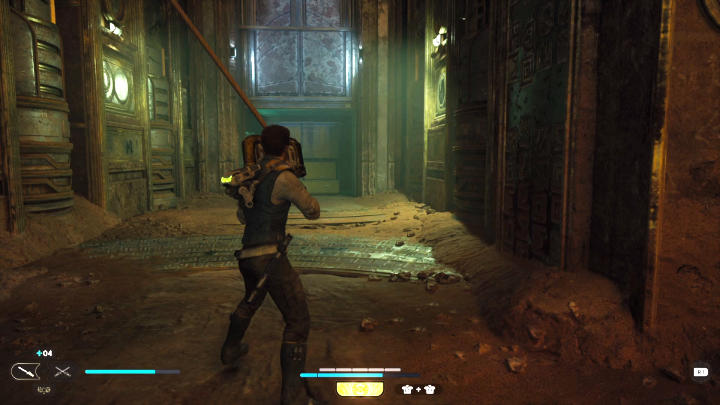 Podejdźcie pod drzwi, puśćcie linę i przy użyciu mocy wyciągnijcie kwadratowy element, który zablokuje opadające drzwi - Star Wars Jedi Survivor: Dotrzyj do Sanktuarium Pielgrzyma (Reach Pilgrims Sanctuary) - Star Wars Jedi Survivor - poradnik do gry