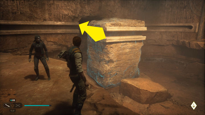 Gdy dojdziecie do jaskini z zamkniętymi drzwiami, użyjcie mocy, żeby wepchnąć kamienny element z szyną na swoje miejsce, a następnie pchnijcie dwie kulę w kierunku drzwi, aby je otworzyć - Star Wars Jedi Survivor: Dotrzyj do Sanktuarium Pielgrzyma (Reach Pilgrims Sanctuary) - Star Wars Jedi Survivor - poradnik do gry