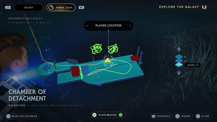 Następnie musicie wykorzystać umiejętność BD-1 i spalić ciemną narośl - tak jak pokazuje powyższy zrzut ekranu - Jedi Survivor: Komnata Odłączenia - lista sekretów - Star Wars Jedi Survivor - poradnik do gry