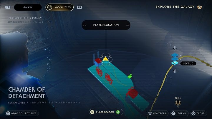 Kolejne echo znajduje się w przeciwległym kącie komnaty, przy tej samej ścianie - Jedi Survivor: Komnata Odłączenia - lista sekretów - Star Wars Jedi Survivor - poradnik do gry