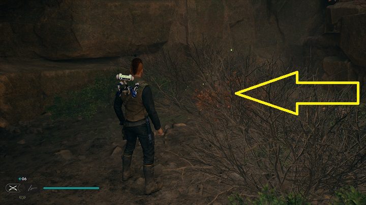 Na prawo od skrzyni jest krzew z kolejną porcją nasion - Jedi Survivor: Górskie wzniesienie - lista sekretów - Star Wars Jedi Survivor - poradnik do gry