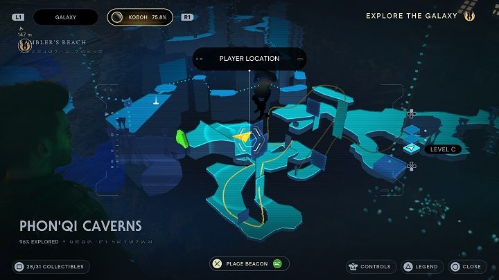 Nieopodal poprzedniej znajdźki znajduje się ściana, po której możecie dostać się do okna z zieloną barierą - Jedi Survivor: Jaskinie PhonQi - lista sekretów (część 2) - Star Wars Jedi Survivor - poradnik do gry