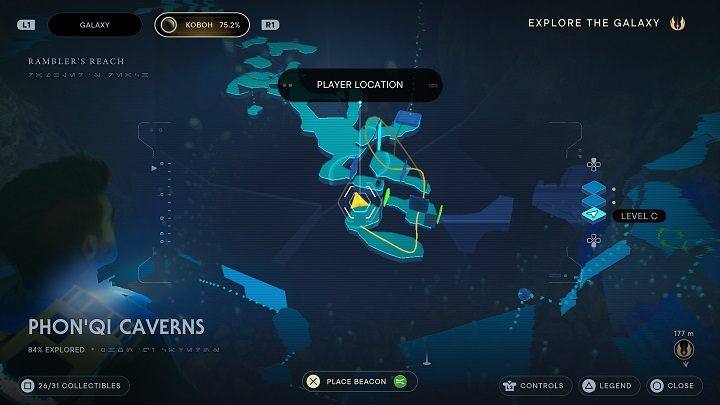 Złapcie bombę znajdującą się w pobliżu i zniszczcie barierę blokującą przejście - za nim znajdziecie echo z kolejnym wpisem do bazy danych - Jedi Survivor: Jaskinie PhonQi - lista sekretów (część 2) - Star Wars Jedi Survivor - poradnik do gry