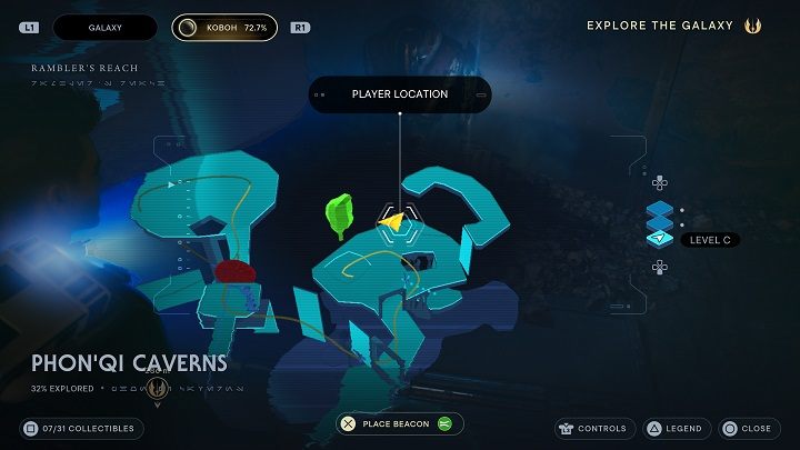 Wróćcie się na górę i wróćcie się nowym skrótem do miejsca, w którym skanowaliście jaskiniowy grzyb - Jedi Survivor: Jaskinie PhonQi - lista sekretów (część 1) - Star Wars Jedi Survivor - poradnik do gry