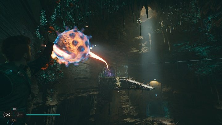 Odwróćcie się w stronę ścian, z których dopiero co korzystaliście i złapcie jedną z bomb rosnących na niej - Jedi Survivor: Jaskinie PhonQi - lista sekretów (część 1) - Star Wars Jedi Survivor - poradnik do gry