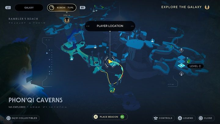 Skorzystajcie z haka, aby dostać się na ścianę nad Wami, a następnie przeskoczcie na tę po lewej - dostaniecie się na wysoką półkę - Jedi Survivor: Jaskinie PhonQi - lista sekretów (część 1) - Star Wars Jedi Survivor - poradnik do gry