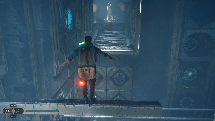 Stojąc na belce ustawcie się w miejscu pokazanym na obrazku i wykonajcie podwójny skok z doskokiem - Jedi Survivor: Komnata jasności na Koboh - Star Wars Jedi Survivor - poradnik do gry