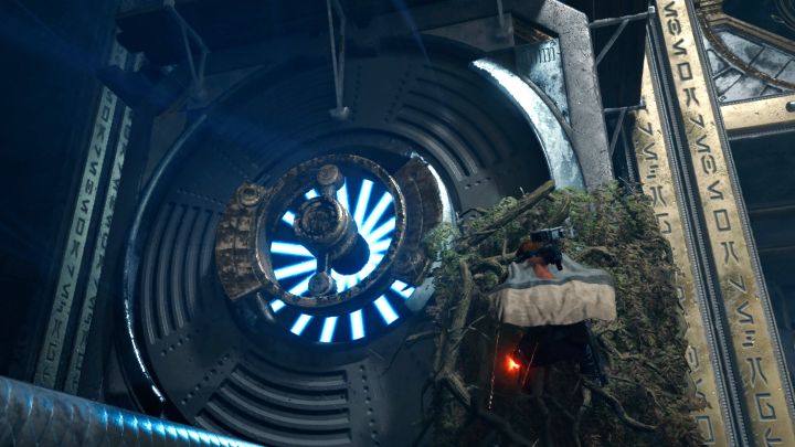 Poczekajcie aż blok dostatecznie wysunie się, użyjcie na nim pchnięcia Mocą i złapcie się jego ściany (obrazek) - Jedi Survivor: Komnata jasności na Koboh - Star Wars Jedi Survivor - poradnik do gry