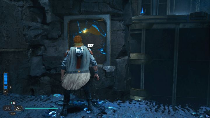 Przejdźcie po czarnym moście i w miejscu z obrazka użyjcie przyciągnięcia Mocą do wyrwania fragmentu ściany - Jedi Survivor: Komnata rozumu na Koboh - Star Wars Jedi Survivor - poradnik do gry