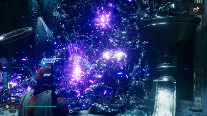 Musicie doprowadzić fioletowe płomienie do górnej blokady pokazanej na obrazku - Jedi Survivor: Komnata połączenia na Koboh - Star Wars Jedi Survivor - poradnik do gry