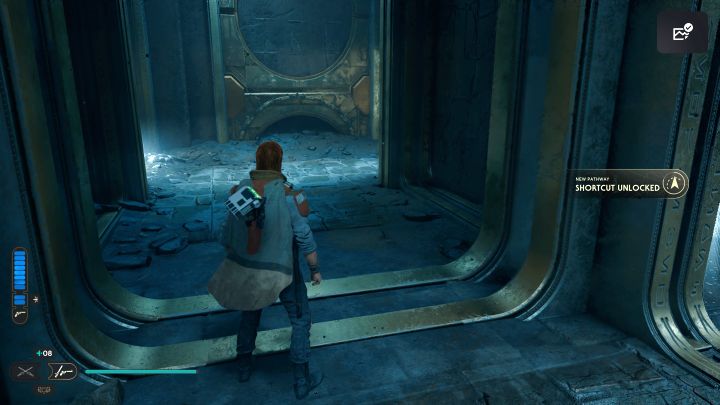 Przeskoczcie z doskokiem na sąsiednią półkę i otwórzcie tutejsze drzwi - odblokujecie skrót umożliwiający łatwy powrót na parter - Jedi Survivor: Komnata połączenia na Koboh - Star Wars Jedi Survivor - poradnik do gry