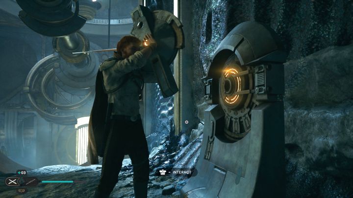 Na górze złapcie nowy mechanizm z linką z pomocą przyciągnięcia Mocą i umieśćcie go w slocie z obrazka - Jedi Survivor: Komnata dwoistości na Koboh - Star Wars Jedi Survivor - poradnik do gry