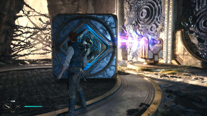 Wejdźcie do pomieszczenia po lewej stronie, zabierzcie kulę z łącznika, przejdźcie do głównego pomieszczenia i umieśćcie ją we wzmacniaczu kul - Star Wars Jedi Survivor: Znajdź drogę na Tanalor (Research Tanalor) - Star Wars Jedi Survivor - poradnik do gry