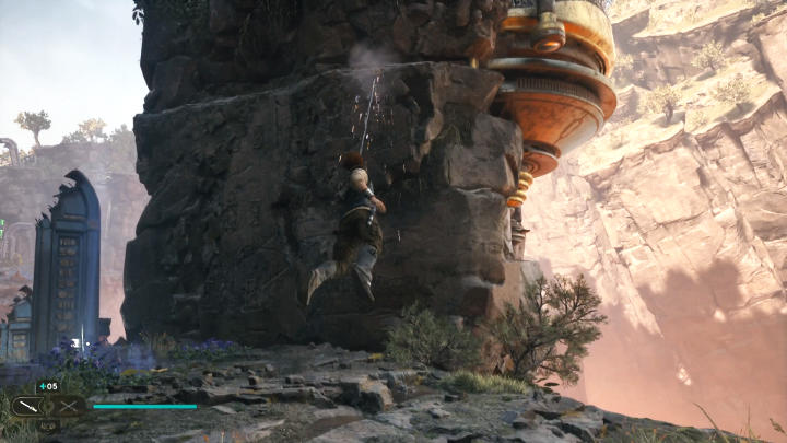 Przy punkcie medytacji czeka kolejny Relter, ale zamiast skorzystać z jego pomocy, odwróćcie się w kierunku filaru po lewej stronie i wskoczcie wyżej - Star Wars Jedi Survivor: Znajdź drogę na Tanalor (Research Tanalor) - Star Wars Jedi Survivor - poradnik do gry