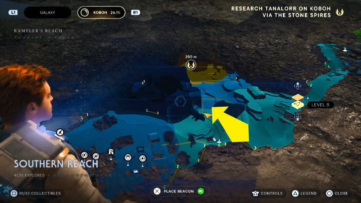 Po wylądowaniu na planecie Koboh, ruszcie dalej ścieżką oznaczoną na powyższym obrazku - Star Wars Jedi Survivor: Znajdź drogę na Tanalor (Research Tanalor) - Star Wars Jedi Survivor - poradnik do gry