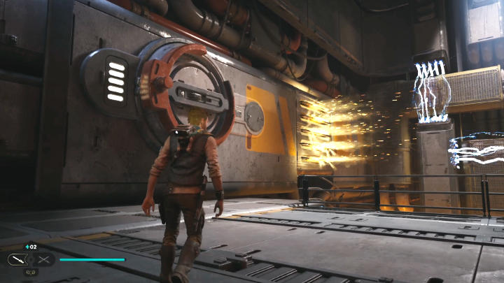 Użyjcie mocy, aby wyłączyć przeszkodę na ścianie po lewej stronie, a następnie chwyćcie się kratek i unikając wiązek prądu, idźcie, jak ścieżka prowadzi - Star Wars Jedi Survivor: Znajdź drogę na Tanalor (Research Tanalor) - Star Wars Jedi Survivor - poradnik do gry