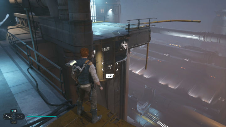 Gdy wylądujecie w bazie na księżycu, skorzystajcie z pobliskiej windy, aby zjechać na dół - Star Wars Jedi Survivor: Znajdź drogę na Tanalor (Research Tanalor) - Star Wars Jedi Survivor - poradnik do gry