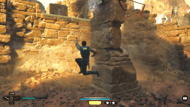 Idąc dalej przez ruiny, dotrzecie do miejsca, w którym jak najprędzej będziecie musieli opuścić piaszczystą ziemię, aby nie zostać połkniętym - Star Wars Jedi Survivor: Spotkaj się z Cere na planecie Jedha (Meet Cere on Jedha) - Star Wars Jedi Survivor - poradnik do gry