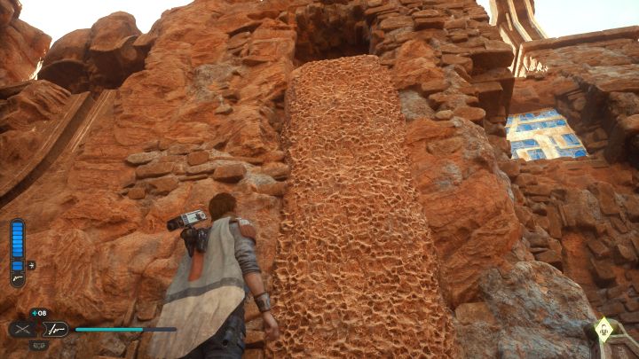 Po prawej stronie możecie teraz wdrapać się po pionowej ścianie i dotrzeć do otworu w górnej części ruin - Jedi Survivor: Zagadki Ścieżki odnowy na Jedha - Star Wars Jedi Survivor - poradnik do gry