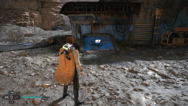 Pokonajcie w nowej lokacji przeciwników i użyjcie przyciągnięcia Mocą na bocznym włazie chatki - pokazuje to obrazek - Jedi Survivor: Dotarcie do Jaskiń PhonQi na Koboh - Star Wars Jedi Survivor - poradnik do gry