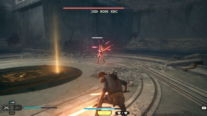 Blokujcie lub odbijajcie standardowe strzały z blastera, ale uważajcie na czerwony strzał w wykonaniu Bodea - Jedi Survivor: Jak pokonać końcowego bossa Bode Akuna? - Star Wars Jedi Survivor - poradnik do gry