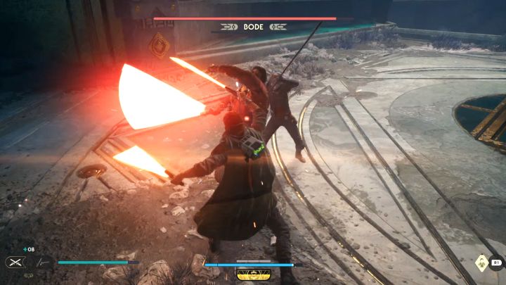 Taktyka walki nie jest jeszcze skomplikowana - parujcie ciosy Bodea po to żeby pozbawiać go punktów wytrzymałości i wyprowadzać własne kontry - Jedi Survivor: Jak pokonać końcowego bossa Bode Akuna? - Star Wars Jedi Survivor - poradnik do gry