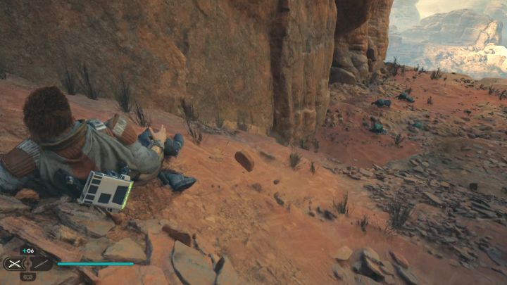 Na sam koniec biegu wykonajcie skok i nie przejmujcie się tym, że Cal nie doskoczy do nowej pionowej ściany - Jedi Survivor: Zagadka wspinaczki na Lądowisku w ruinach na Jedha - Star Wars Jedi Survivor - poradnik do gry