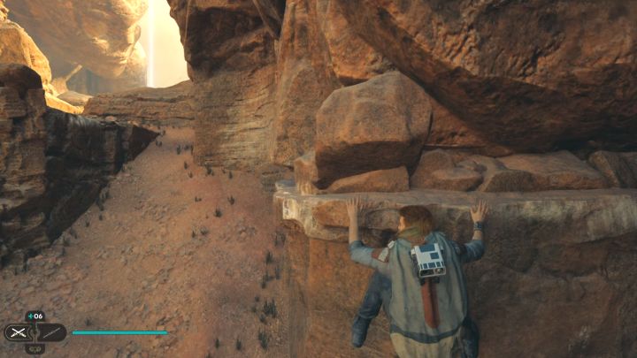 Na górze złapiecie się krawędzi i przesuwajcie się w lewo w pozycji wiszącej - Jedi Survivor: Zagadka wspinaczki na Lądowisku w ruinach na Jedha - Star Wars Jedi Survivor - poradnik do gry