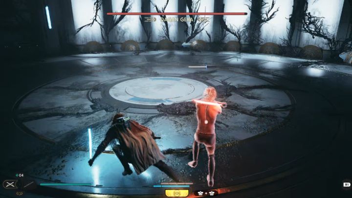 Uważajcie na czerwone ataki mieczem świetlnym w wykonaniu bossa - mogą to być ataki obrotowe lub skok połączony z uderzeniem mieczem świetlnym w ziemię - Jedi Survivor: Jak pokonać bossa Dagan Gera? - Star Wars Jedi Survivor - poradnik do gry