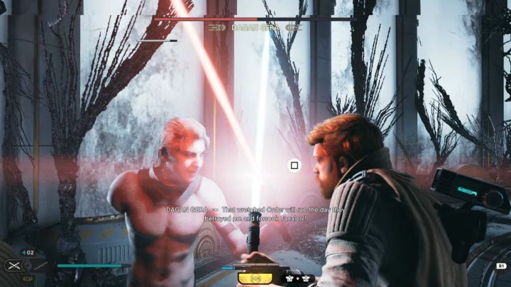 Podczas pojedynku może dojść do siłowania się na miecze świetlnie - wciskajcie wtedy szybko przycisk ataku żeby przegrać tej próby - Jedi Survivor: Jak pokonać bossa Dagan Gera? - Star Wars Jedi Survivor - poradnik do gry